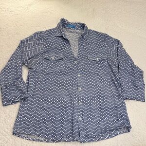 J McLaughlin women’s linen stretchy Blue White Patterned Button-Up Shirt sz L